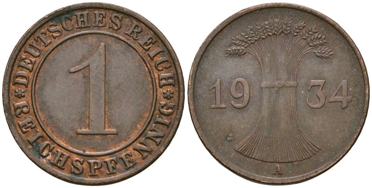 Германия 1 рейхспфенниг 1934 A KM 37, J. 313 бронза 4189-1254