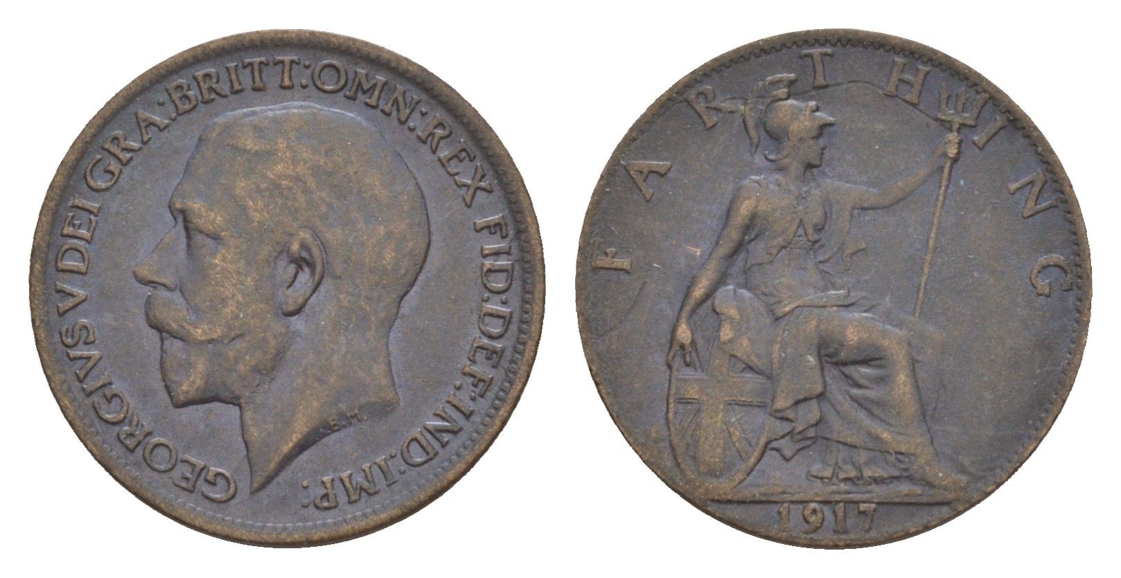 Великобритания 1 фартинг 1917 Георг V (1910-1936) KM 808.1, Spink 4059 бронза 4651-1162