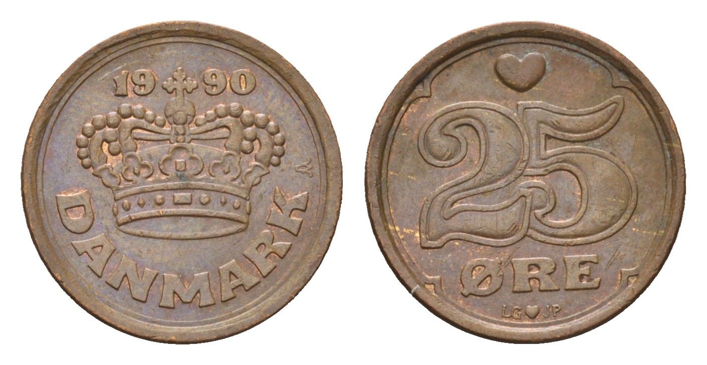 Дания 25 эре 1990 LG, Маргрете II (1972-2024) KM 868 бронза 4701-939