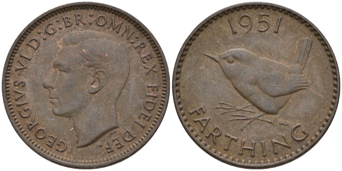 Великобритания 1 фартинг 1951 Георг VI (1936-1952) KM 867, Spink 4119 бронза 4596-1011