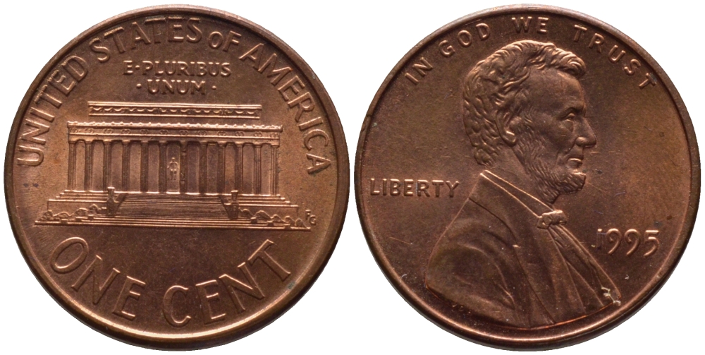 США 1 ЦЕНТ 1995 ЛИНКОЛЬН KM 201b цинк плакированный медью 66-1052