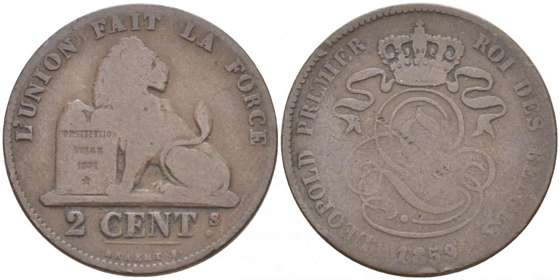БЕЛЬГИЯ 2 САНТИМА 1859 BELGES KM 4.2 медь 73-1735