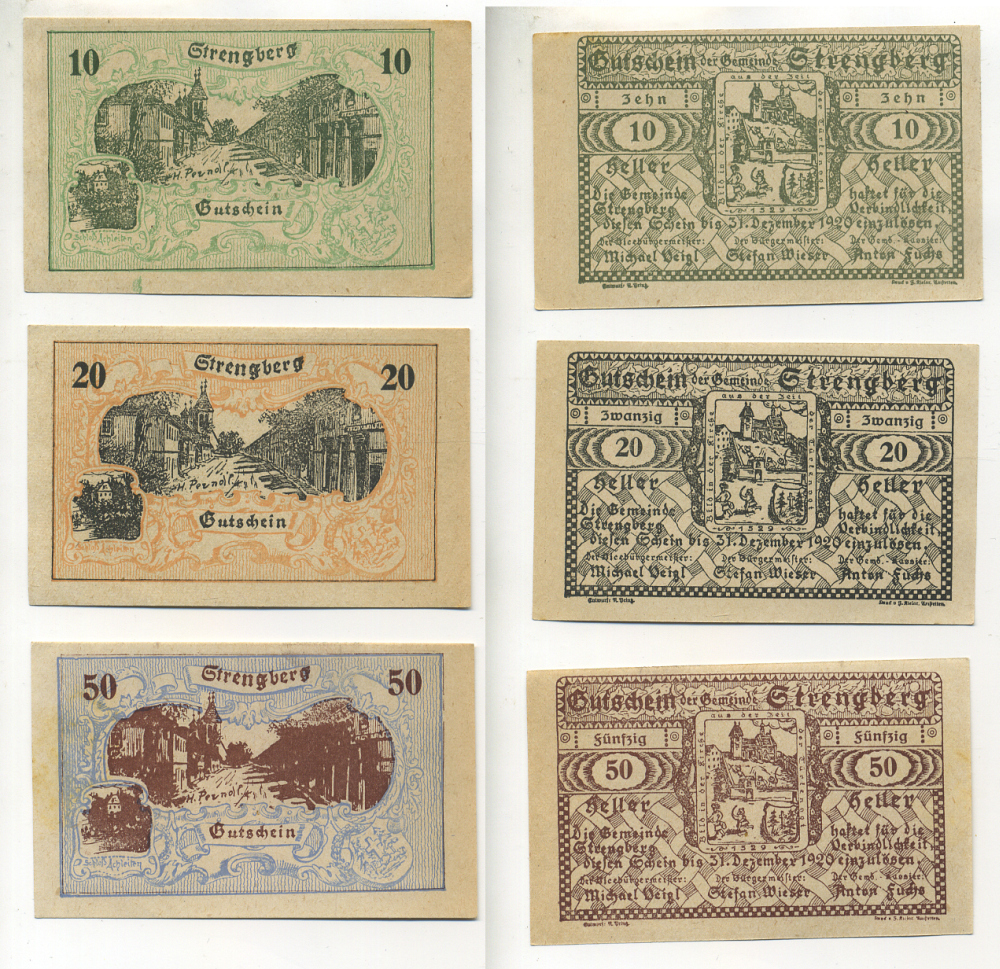 Австрия набор из 3 банкнот 1920 до 31 декабря 1920, нотгельд, 10, 20, 50 геллеров, STRENGBERG   бумага  aUNC  7555-1-2-1