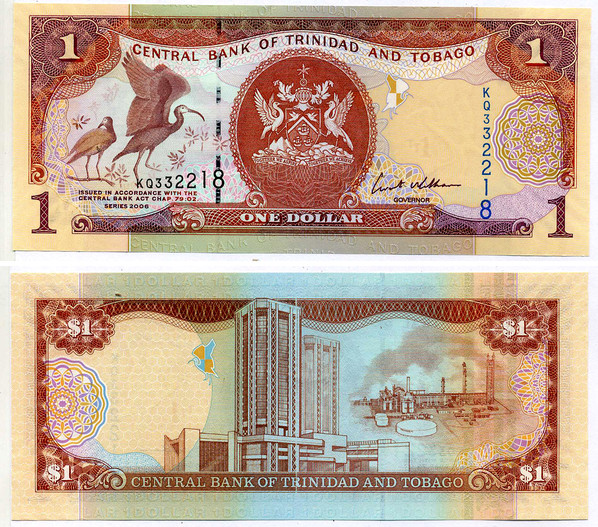 Тринидад и Тобаго 1 доллар 2006 подпись 8, номер синий, TDLR Pick 46 бумага UNC (пресс) 2197-16-1-1