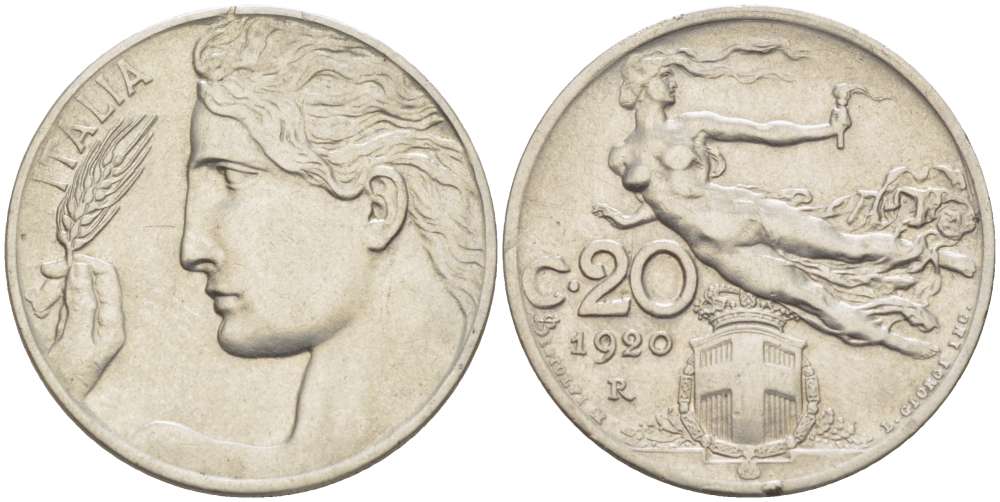 ИТАЛИЯ 20 ЧЕНТЕЗИМО 1920 R, ВИКТОР ИММАНУИЛ III (1900-1946) KM 44 никель 4519-633