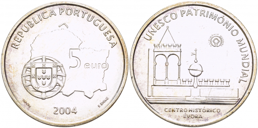 ПОРТУГАЛИЯ 5 ЕВРО 2004 ЮНЕСКО ИСТОРИЧЕСКИЙ ЦЕНТР ЭВОРА, КАРТА KM 755 серебро UNC 06-255-33