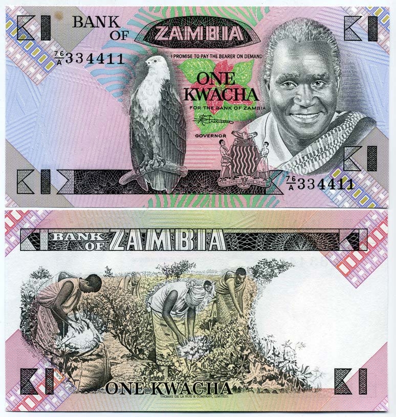 Замбия 1 квача ND (1980-88) Кеннет Каунда, сбор хлопка, подпись Phiri Pick 23 b бумага UNC (пресс) 448-44-1