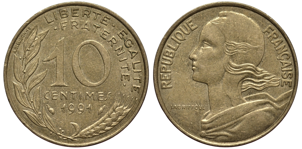 ФРАНЦИЯ 10 САНТИМОВ 1991 ТИП MARIANNE KM 929, LE FRANC 144.31 медь алюминий никель 4390-924