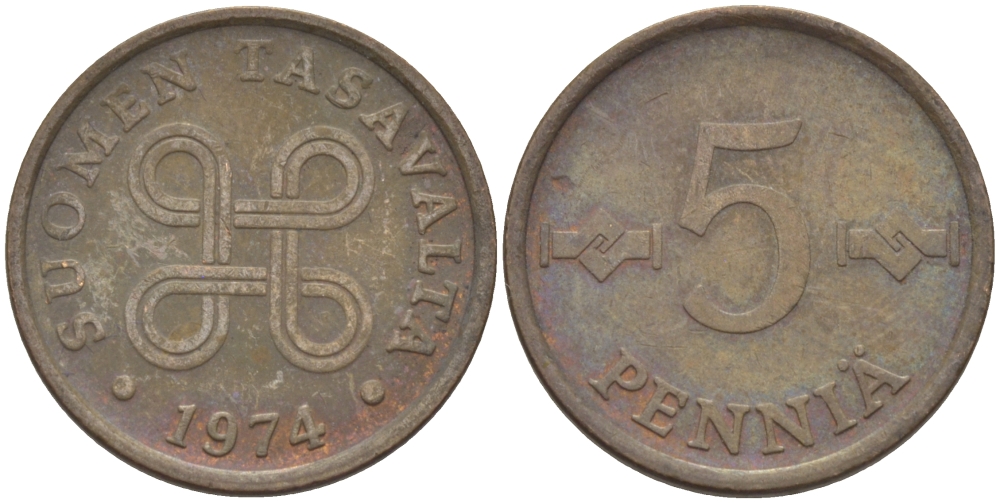 ФИНЛЯНДИЯ 5 ПЕННИ 1974 KM 45 медь 100-164