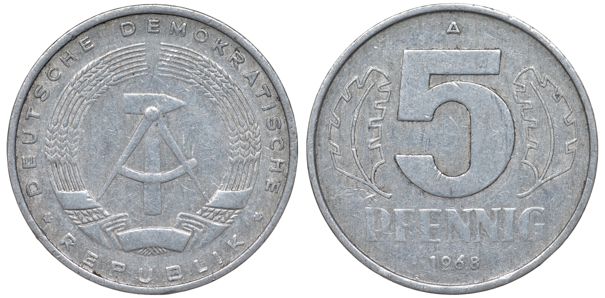 ГДР 5 ПФЕННИГОВ 1968 A KM 9.1 алюминий 62-211