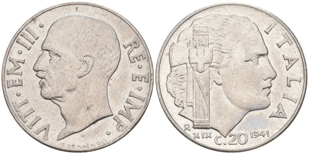 ИТАЛИЯ 20 ЧЕНТЕЗИМО 1941 R, ГОД XIX, ВИКТОР ЭММАНУИЛ III (1900-1946) KM 75b, VEM3. 1028 нержавеющая сталь 3853-1131