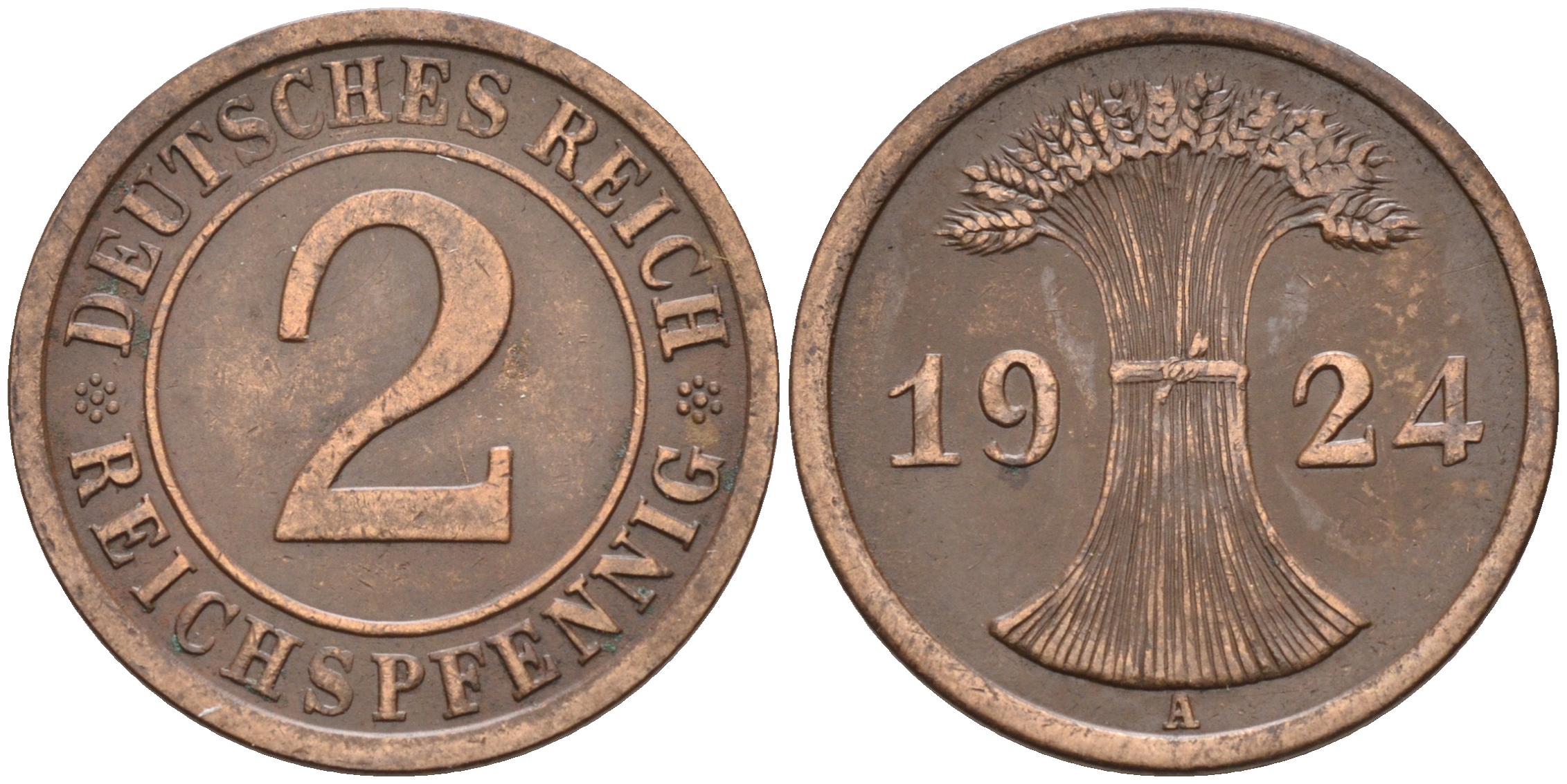 Германия 2 рейхспфеннига 1924 А KM 38, J. 314 бронза 4589-122