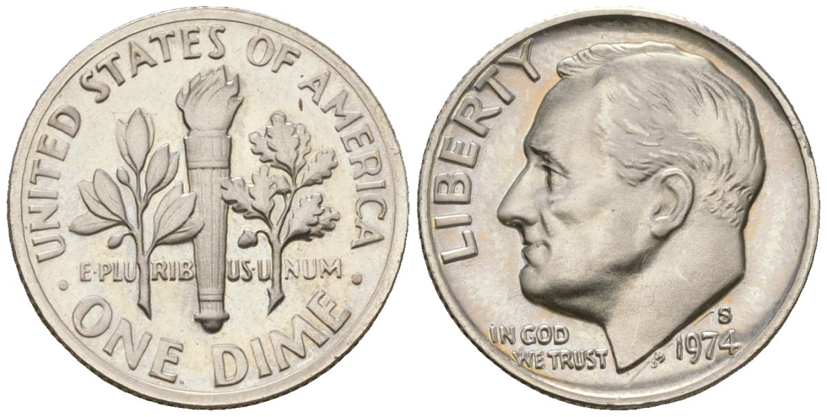 США 10 центов (дайм) 1974 S (Сан-Франциско), Франклин Рузвельт KM 195a медь плакированный медно-никелем PROOF 4516-1018