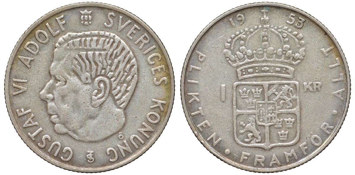 Швеция 1 крона 1953 TS, Густав VI Адольф (1950-1973) KM 826 серебро 4178-731