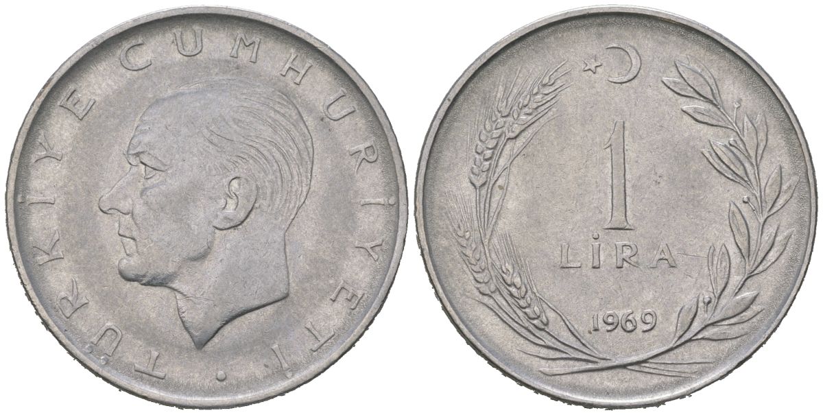 Турция 1 лира 1969 KM 889a.2 нержавеющая сталь 4582-353