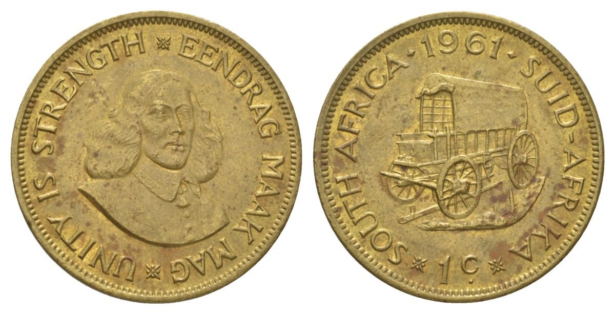 ЮАР 1 цент 1961 Ян ван Рибек (1619-1677), голландский исследователь, повозка KM 57 латунь 3897-1223