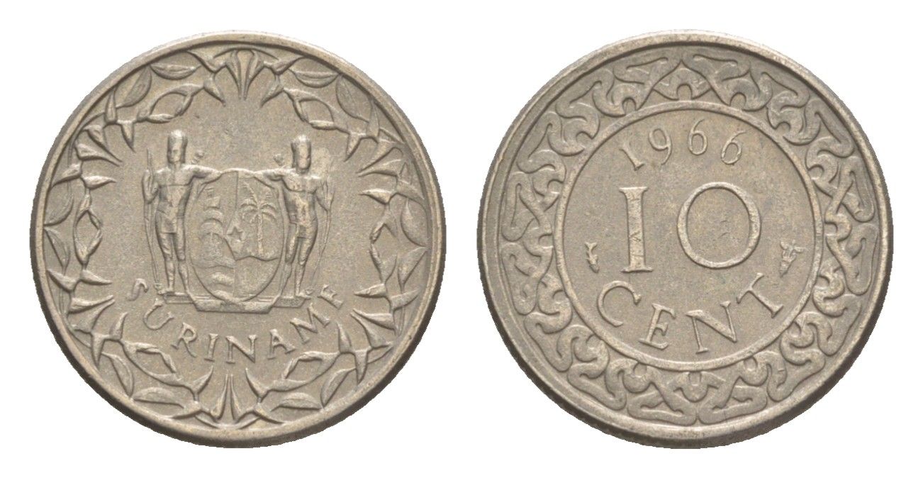 Суринам 10 центов 1966 KM 13 медно-никель 4649-664
