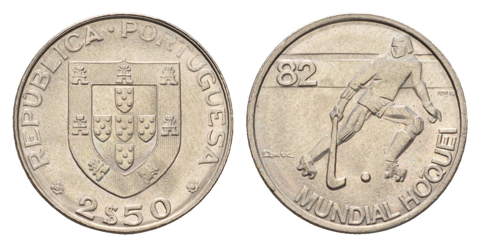 Португалия 2,5 эскудо 1982 Чемпионат мира по хоккею на роликах KM 613 медно-никель UNC 4679-533