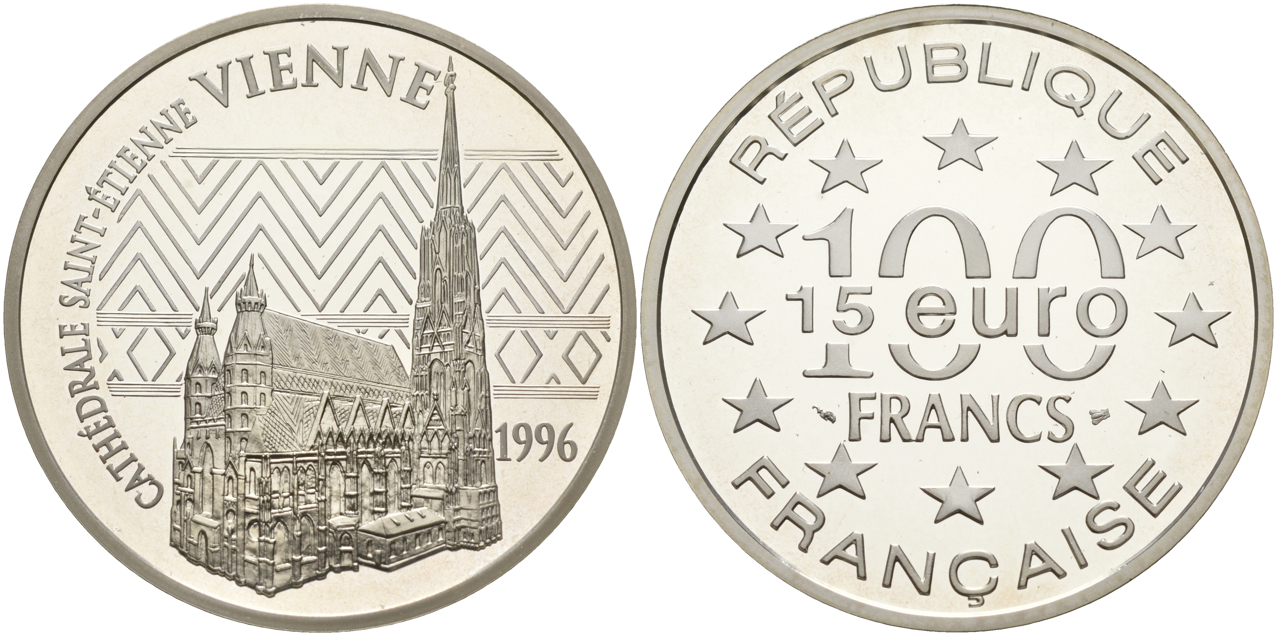 Франция 100 франков - 15 евро 1996 серия архитектурные монументы европы, кафедральный собор Сент-Этьен в Вене, в оригинальной коробке, с сертификатом KM 1140 серебро PROOF 5-6-1-41