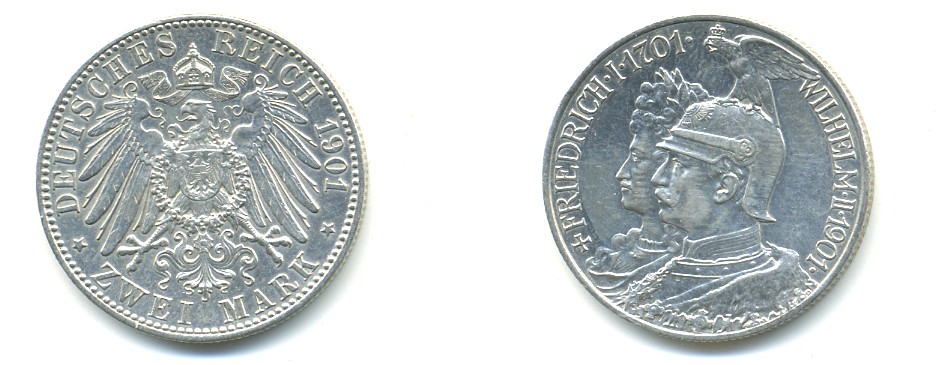 Пруссия 2 марки 1901 A, 200 лет Прусской королевской династии (Фридрих I - Вильгельм II) J.105, Weege 105, KM 525 серебро 3711-1024