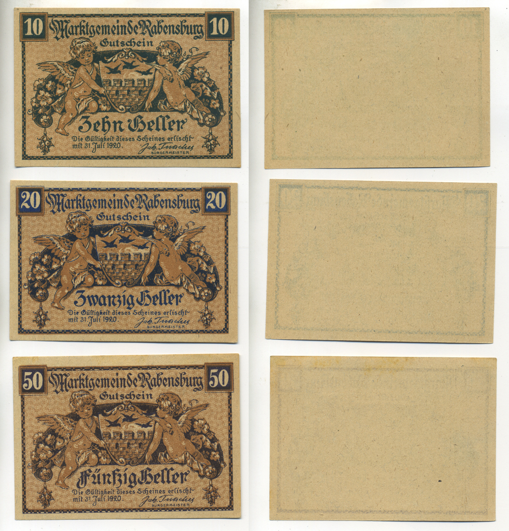 АВСТРИЯ НАБОР ИЗ 3 БАНКНОТ 1920 31 ИЮЛЯ 1920, НОТГЕЛЬД, 10, 20, 50 ГЕЛЛЕРОВ, RABENSBURG бумага aUNC 7203-34-3