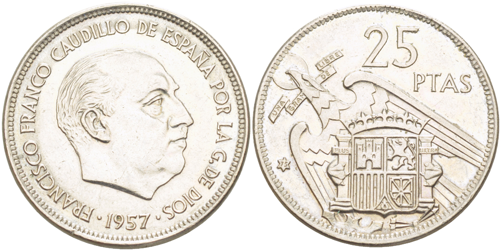 ИСПАНИЯ 25 ПЕСЕТ 1957 (75) ФРАНСИСКО ФРАНКО ДИКТАТОР ИСПАНИИ ( 1939- 1975) KM 787 медно-никель 4185-812