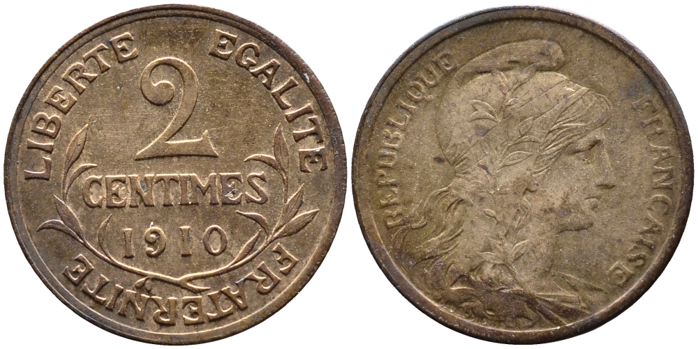 ФРАНЦИЯ 2 САНТИМА 1910 KM 841 бронза 4392-724