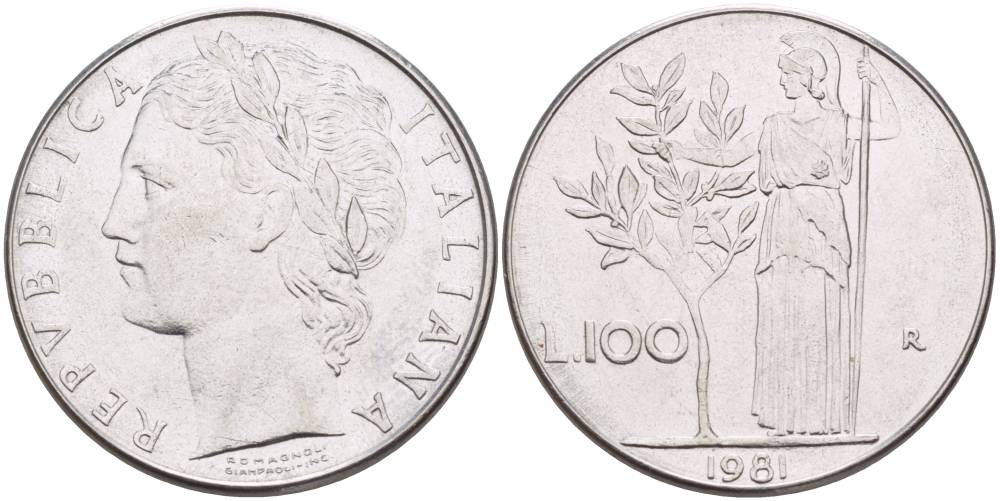 ИТАЛИЯ 100 ЛИР 1981 R, АФИНА У ОЛИВКОВОГО ДЕРЕВА KM 96.1 нержавеющая сталь 4545-722