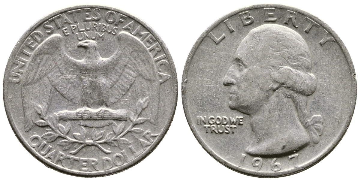 США 25 центов (квотер) 1967 Вашингтон KM 164а медь плакированная медно-никелем 4382-1043