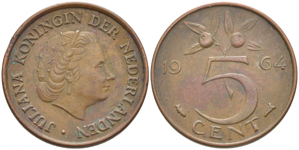 НИДЕРЛАНДЫ 5 ЦЕНТОВ 1964 ЮЛИАНА KM 181 бронза 3856-1242