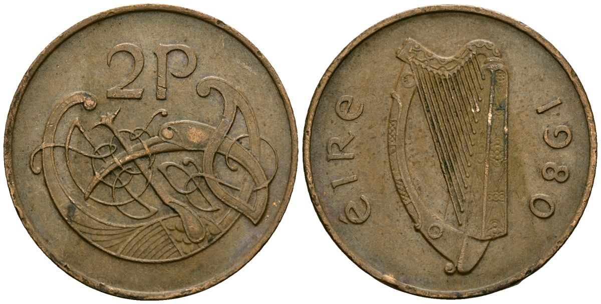 Ирландия 2 пенса 1980 виньетка в виде стилизованной птицы из Второй Библии Карла Лысого KM 21 бронза 4138-812