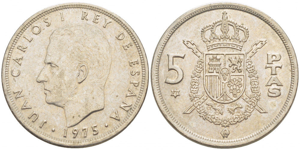 ИСПАНИЯ 5 ПЕСЕТ 1975 (77) ХУАН КАРЛОС I KM 807 медно-никель 3718-613