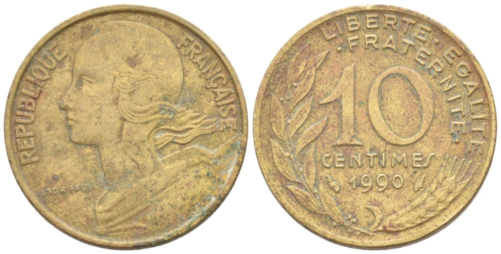 Франция 10 сантимов 1990 KM 929 медь алюминий никель 4576-967