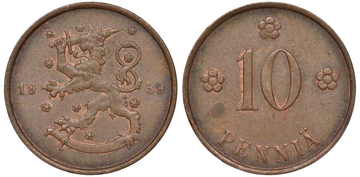 Финляндия 10 пенни 1939 KM 24 медь 51-3156