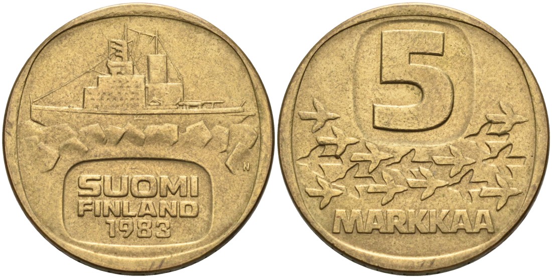 ФИНЛЯНДИЯ 5 МАРОК 1983 N, ЛЕДОКОЛ "URHO" KM 57 алюминиевая бронза 217-636