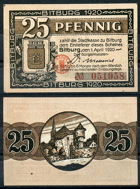 Германия, Битбург 25 пфеннигов 1920 нотгельд, 1.4.1920 Tieste 0705/25 бумага UNC (пресс) 8614-41-2-2