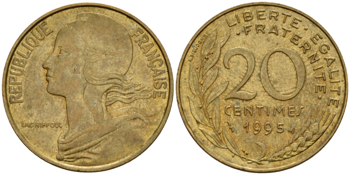 Франция 20 сантимов 1995 тип Marianne KM 930, Le Franc 156.39 медь алюминий никель  4393-1147