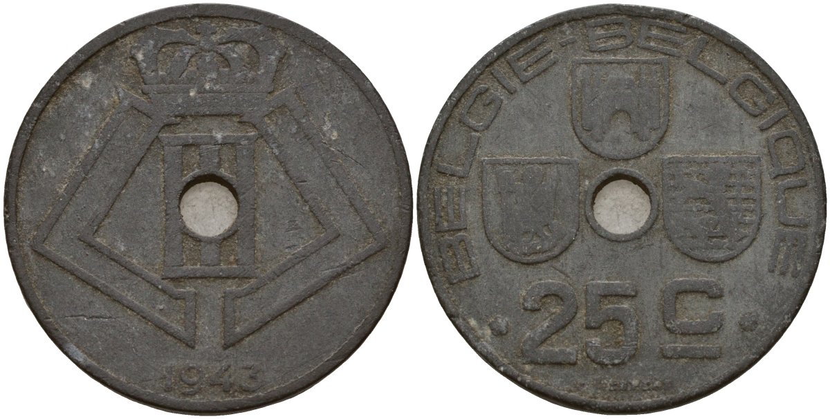 Бельгия 25 сантимов 1943 Belgie - Belgique, Леопольд III (1934-1947), германская оккупация, Вторая мировая война KM 132 цинк 4157-535