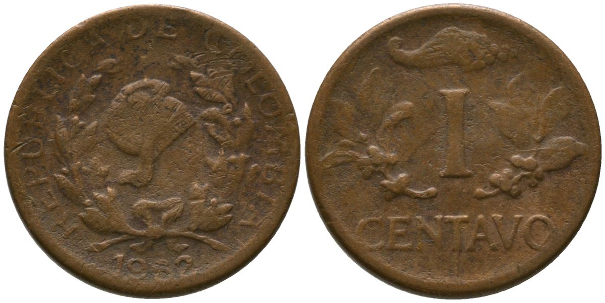 Колумбия 1 сентаво 1962 KM 205, Schon 25, Hernandez 335, Restrepo 350 бронза 4576-1142