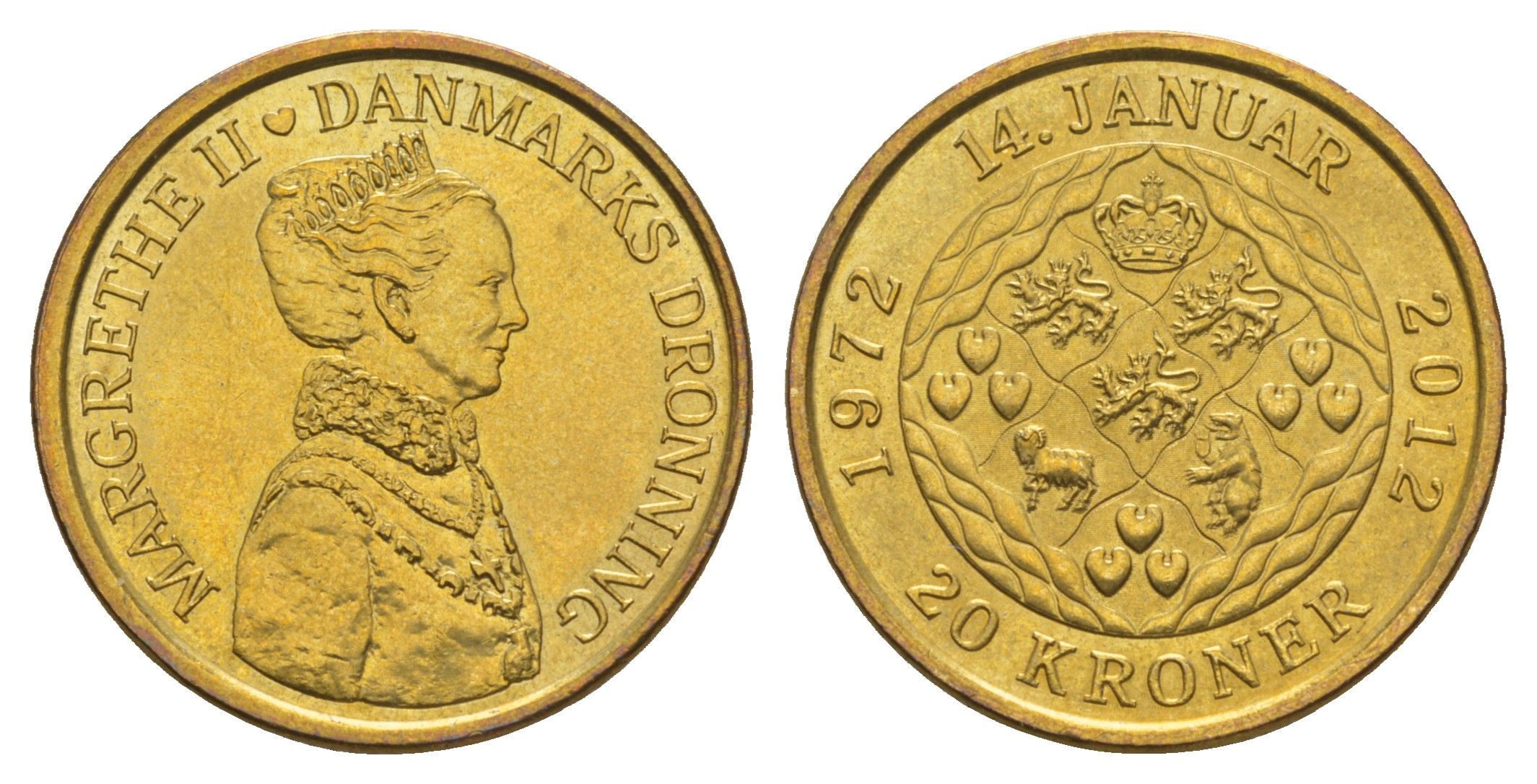 Дания 20 крон 2012 40 лет со дня коронации Королевы Маргреты II KM 945 алюминиевая бронза UNC 4650-1226