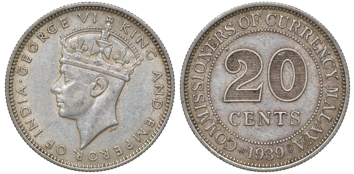 Британская Малайя 20 центов 1939 Георг VI (1937-1952) KM 5 серебро 53-326