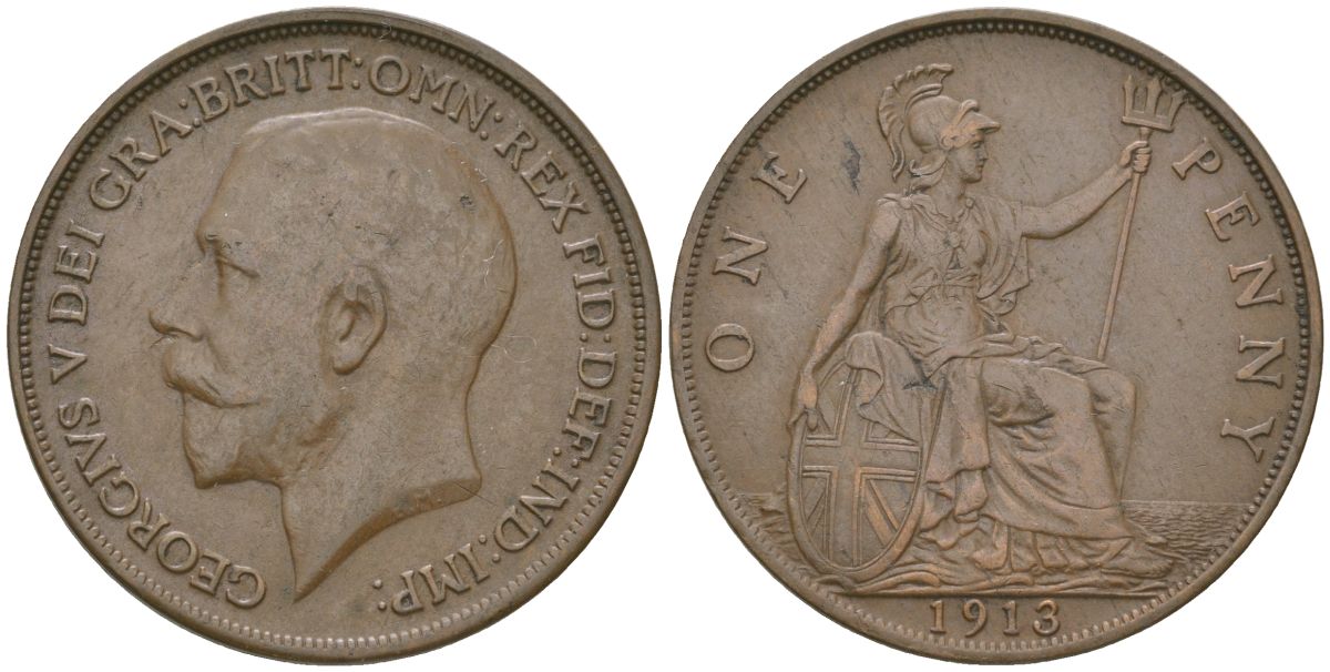 Великобритания 1 пенни 1913 Георг V (1910-1936) KM 810, Spink 4051 бронза    69-235