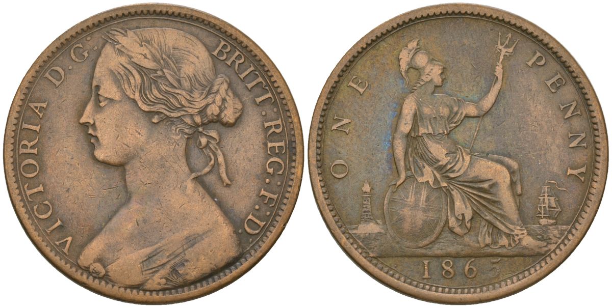 Великобритания 1 пенни 1865 Виктория (1837-1901) KM 749.2, Spink 3954 бронза 4590-821