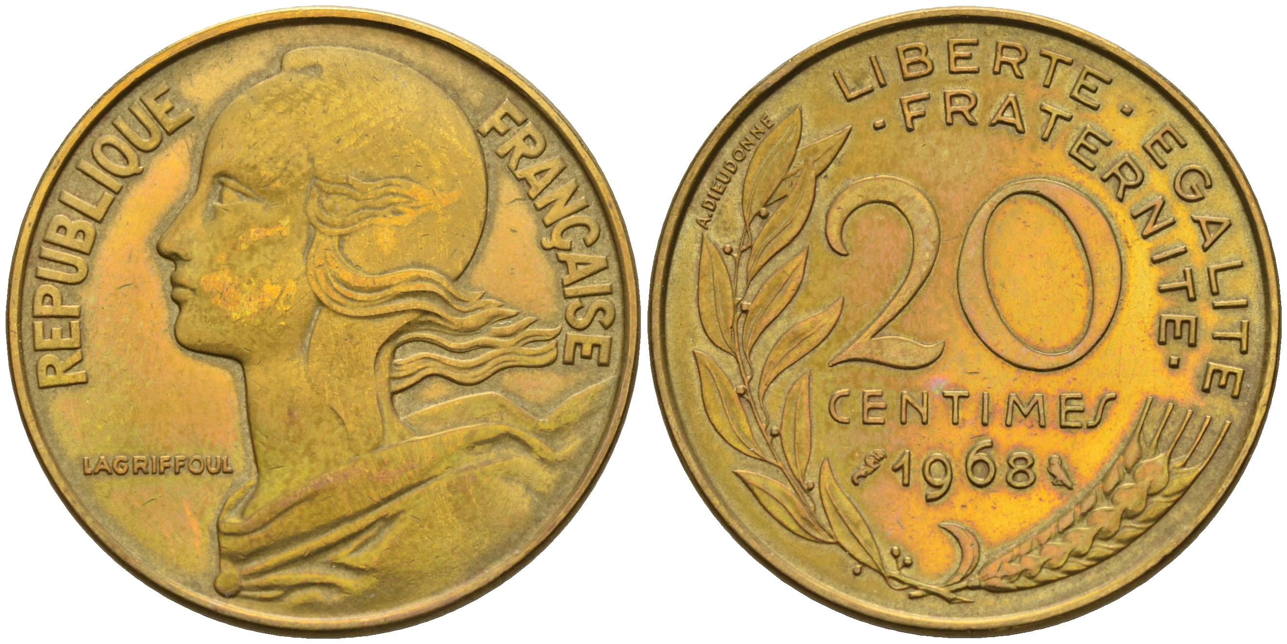 Франция 20 сантимов 1968 тип Marianne KM 930 медь алюминий никель    4595-1056