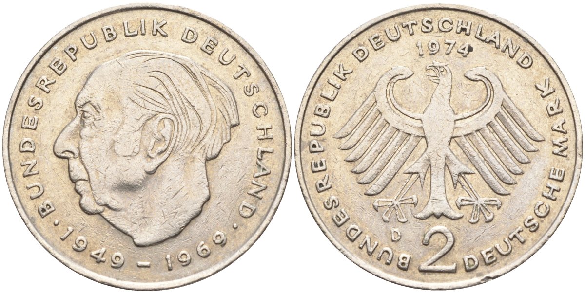 ФРГ 2 марки 1974 D , Теодор Хойс, 20 лет Федеративной Республике (1949-1969) KM A127, J. 407 медно-никель плакированный никелем 4139-213