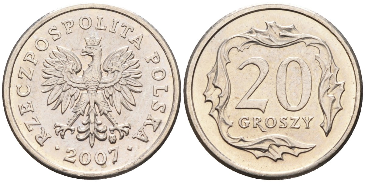 Польша 20 грошей 2007 MW KM 280, Parchimowicz 705o медно-никель 4580-716