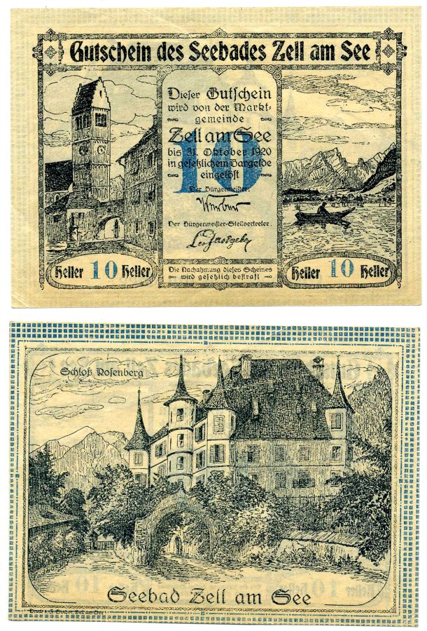 Цель-ам-Зее, Австрия 10 геллеров 1920 31 октября 1920, нотгельд бумага 2193-26-1-1