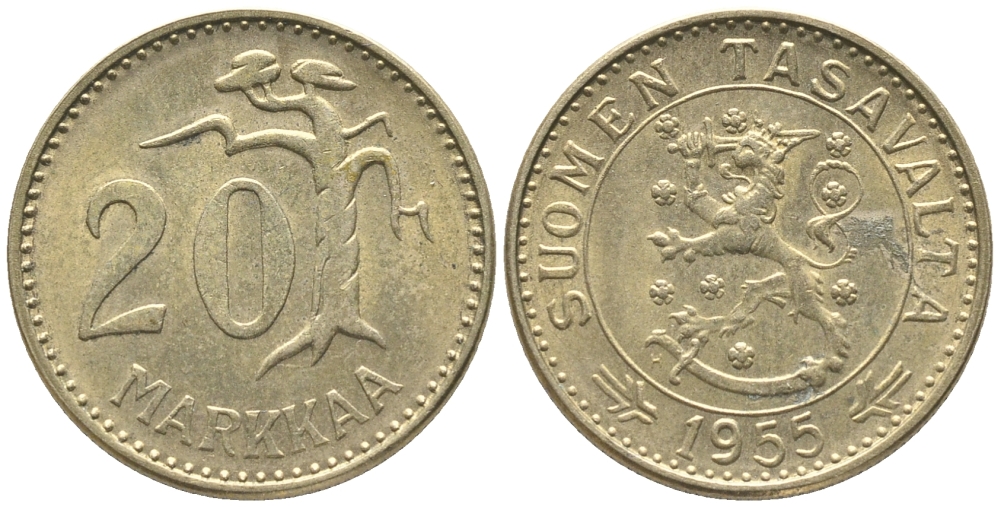 ФИНЛЯНДИЯ 20 МАРОК 1955 Н KM 39 алюминиевая бронза 34-116