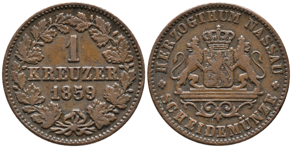 Нассау 1 крейцер 1859 Герцог Адольф (1839-1866) KM 54 медь 34-911