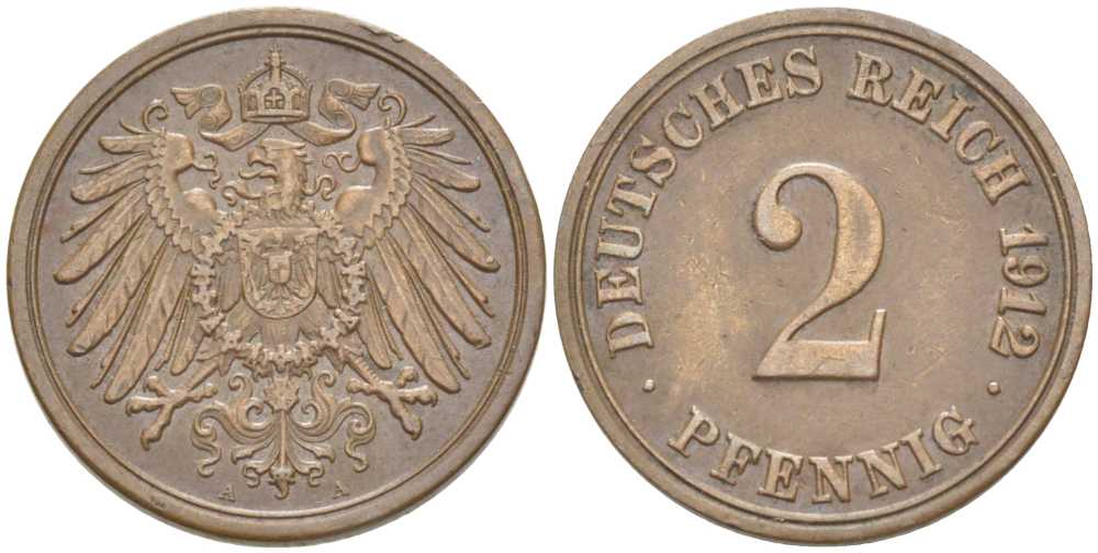 Германия 2 пфеннига 1912 A KM 16, J. 11, Weege 4 медь 206-1154